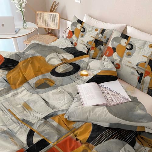 Light Gray Duvet Cover Set Queen Size, Abstract Circle Line Pattern