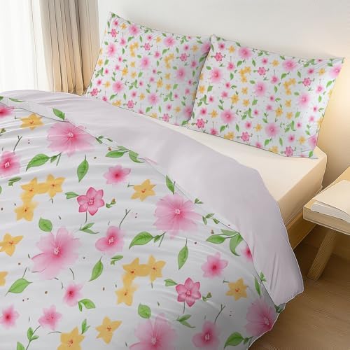 Duvet Cover King, Minimalist Cute Flowers Plants Leaves Bedding Set