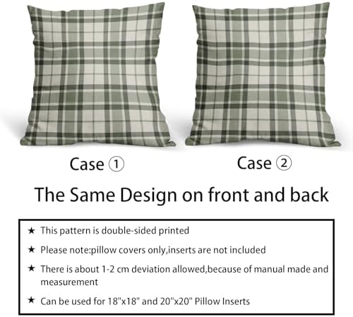 Sage Green Plaid Pillow Covers 18x18 Set of 2 Grey Cream Buffalo Plaid