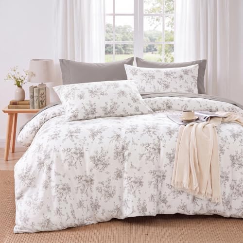 Bedbay 100% Cotton Duvet Cover Queen Size, Soft Grey Floral Duvet