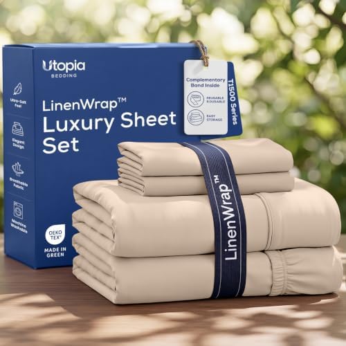 Luxury T1500 Twin Sheet Set with LinenWrap 3 Piece Soft Sheets - Beige