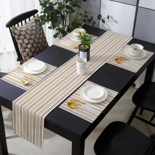 Beige Brown and White Stripe Table Runner and Placemats Set of 4