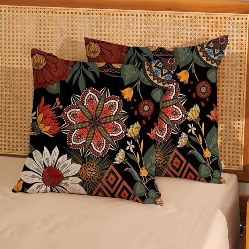 Boho Pillow Covers 18x18 Pack of 2 Black Red Floral Throw Pillow Cover