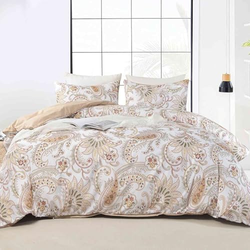 Nanko Paisley Duvet Cover Set King Size, Tan Taupe Classy Boho Damask