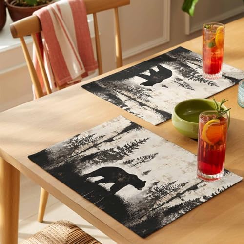 Placemats Set of 8, Black Beige Rustic Bear Woven Placemat, Linen