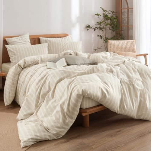 BESTOUCH Striped Cotton Duvet Cover Set Linen Feel Queen