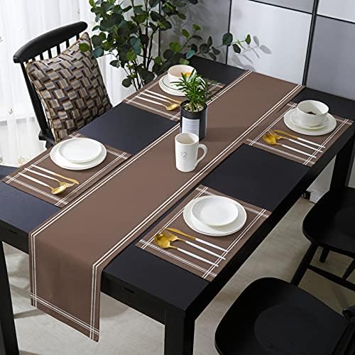 Solid Color Brown 90 Inches Table Runner with 6 Placemats, Table