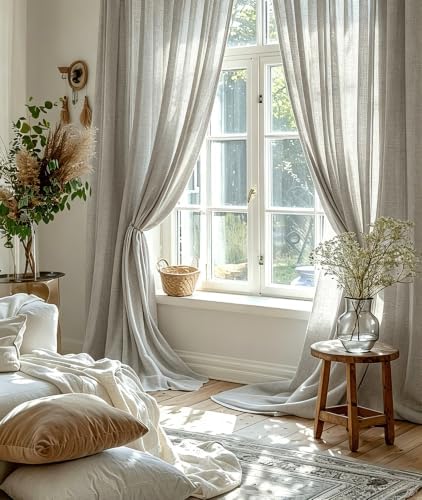 Linen Curtains 63 inch Long,Light Filtering Semi Sheer for Bedroom