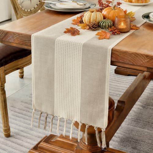 Wracra Linen Table Runner, Stripe Table Runners 72 Inches Long Light