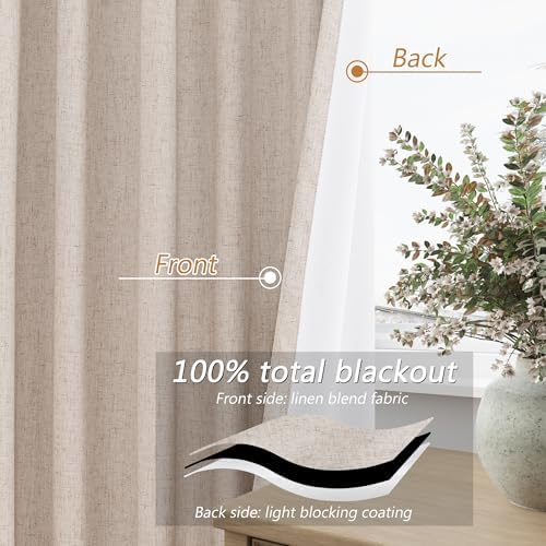 Guken 100% Blackout Linen Curtains 84 Inch Long 2 Panels Oatmeal
