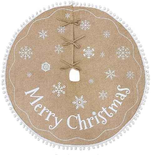 Farmhouse Christmas Tree Skirt, 48 inches, White Pom Pom