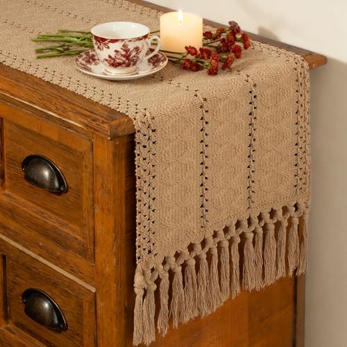FEXIA Boho Table Runner Fall Burlap Brown Coffee Table Decor 12x90