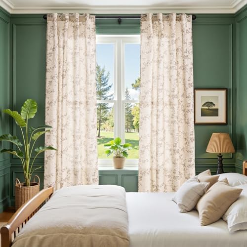 jinchan Taupe Floral Linen Curtains 108 Inch Farmhouse Back Tab 2