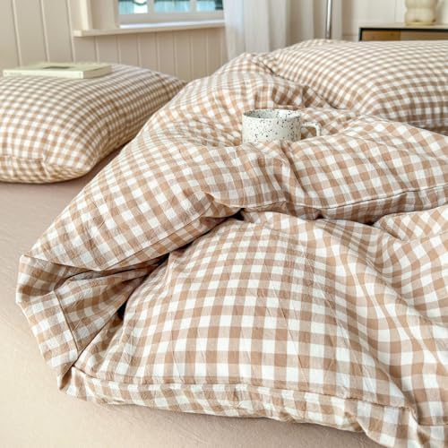 LifeTB Tan Gingham Duvet Cover Full 100% Washed Cotton Beige Taupe