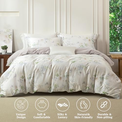 MILDLY Beige Floral Duvet Cover Set 3pcs Elegant for All Season Full