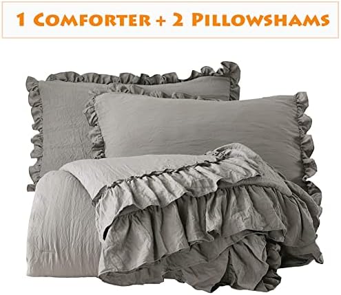 Masaca Gray Ruffled Comforter Set King,Farmhouse Shabby Boho Chic