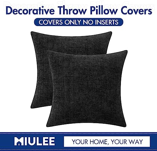 MIULEE Soft Chenille Throw Pillow Covers Black 18x18 Inch Pack of 2