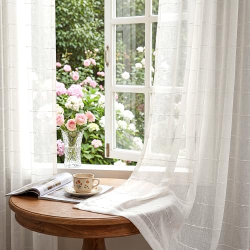 White Sheer Curtains 108 Inches Faux Linen Stripe Pattern 2 Panels