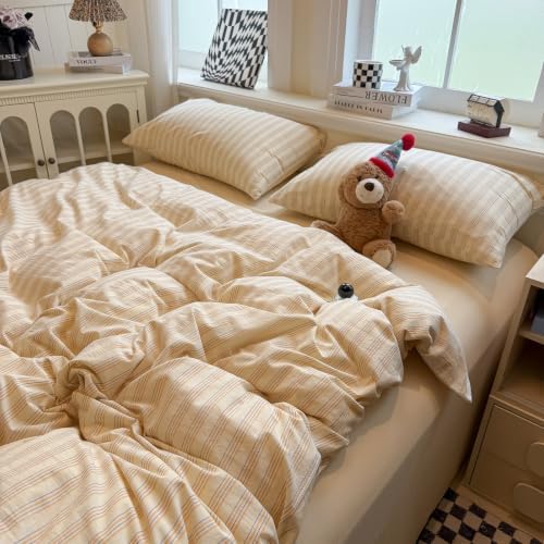 HighBuy Vintage Striped Duvet Cover Set Twin Size - 3 Piece Beige Tan