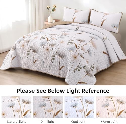 Dinjoy Queen Quilt Bedding Set Khaki Floral Bedspreads with 2