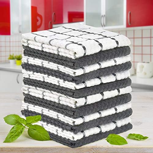 Gray & White Kitchen Dish Towels, 100% Cotton Dobby Weave Terry Towel