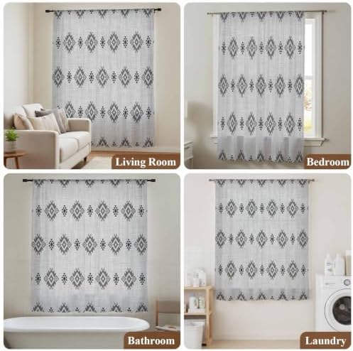 Sheer Curtains 63 Inches Long for Living Room/Bedroom, Grey Boho Rod