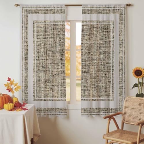 Beige Rustic Sheer Curtains 63 Inch Length 2 Panels Set, Farmhouse