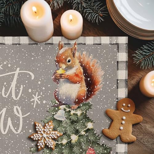 Placemats Set of 8, Christmas Tree Squirrel Winter Snowflake Washable