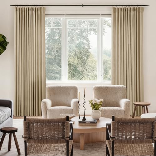 Tan Pinch Pleated Linen Curtains 84 inches Long 2 Panel Set for Living