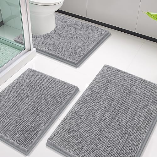 Smiry Chenille Bathroom Rugs Sets 3 Piece (30x20+24x16+24x20, Grey)