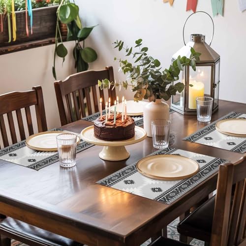 Placemats Set of 8, Aztec Gray Geometric Pattern Washable Table Mats