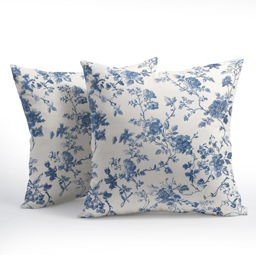 Kawani Blue Floral Pillow Covers 20x20 Inch Set of 2 Blue and Cream