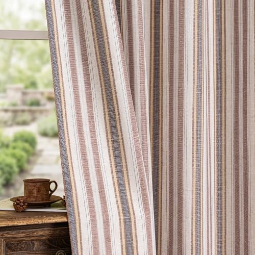 MYSKY HOME 100% Blackout Striped Linen Curtains 96 Inch Long 2 Panels