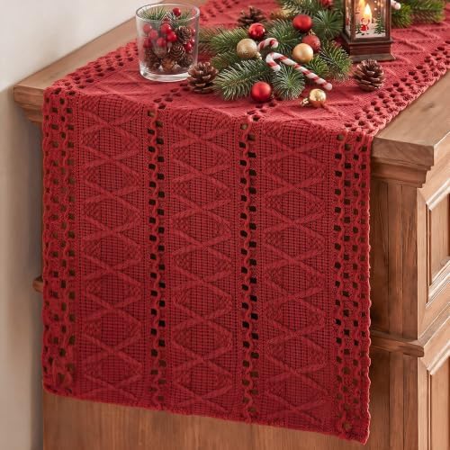 Artoid Mode Rose Red Woven Farmhouse Hollow Table Runner 12x120 Inch