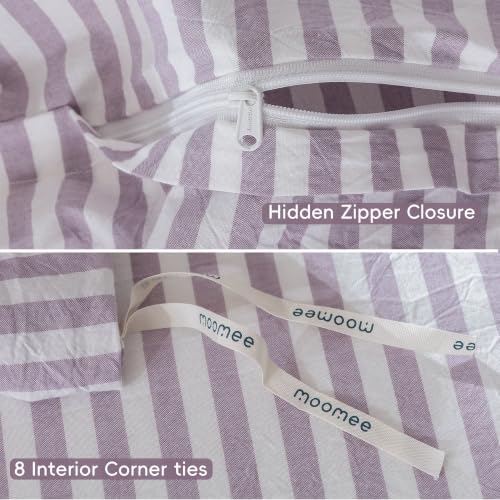 MooMee Striped Duvet Cover Set 100% Washed Cotton Linen Like Queen