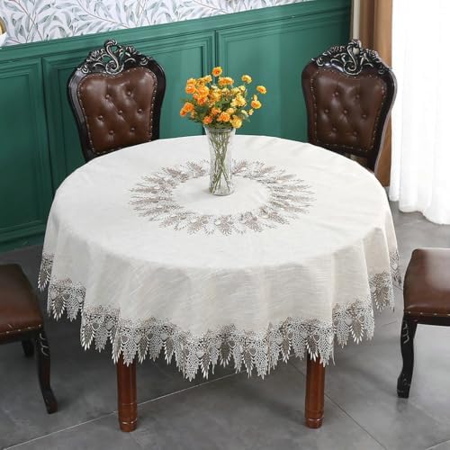 Beydodo Linen Table Cloth Round Cover 70 inch, Solid Color with Lace