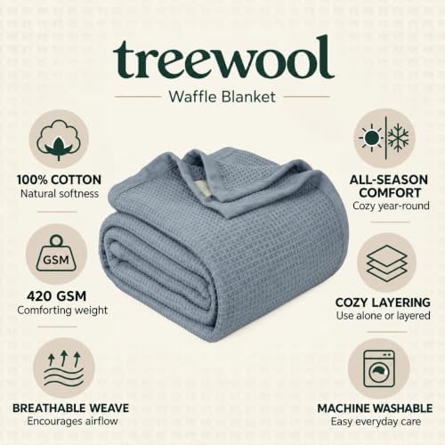 TreeWool 100% Cotton Waffle Weave Blanket, Queen 90"x90", Silver Gray
