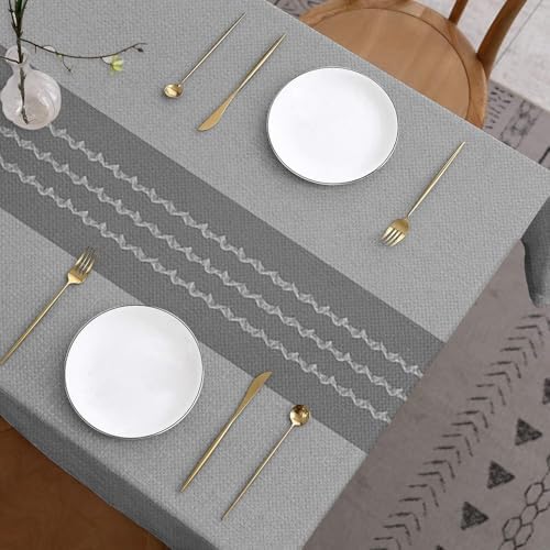 Grey Linen Tablecloth 60x120 Inch Farmhouse Gray Geometric Lines