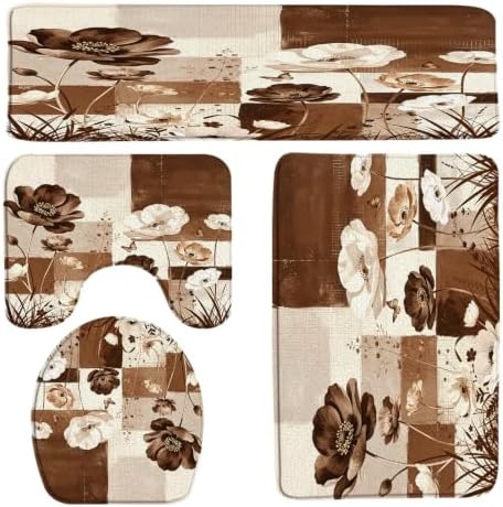 4PCS Abstract Brown Beige Flower Bath Mat Sets,L