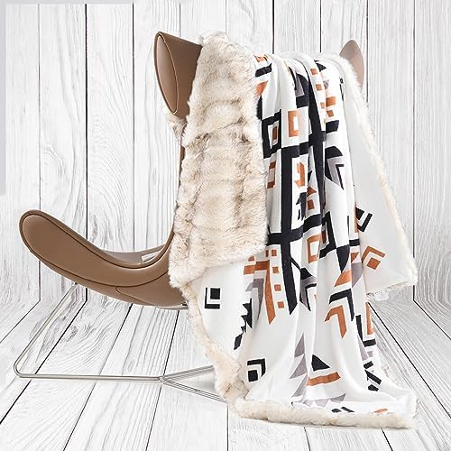 Luxury Plush Faux Fur Throw Blanket with Aztec Pattern, Super Warm