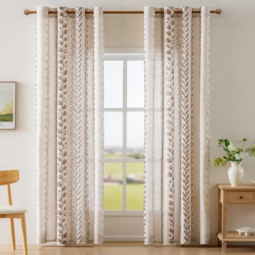 Boho Farmhouse Linen Curtains 96 Inch for Living Room 2 Panels
