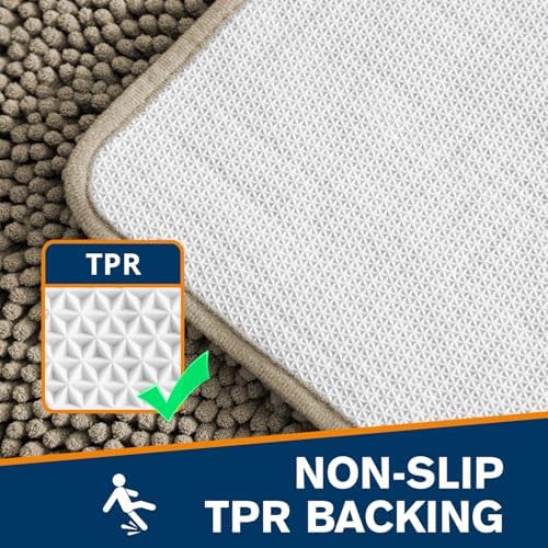 Chenille Bathroom Rug 17"x24" Taupe, Non-Slip Plush Bath Mat