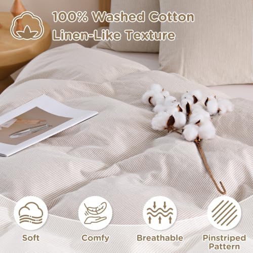 TOCOMOA Brown Striped Duvet Cover Set 100% Washed Cotton Like Linen