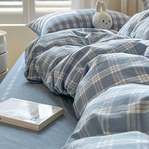 Modern Gingham Grid Duvet Cover Set, 100% Washed Cotton Plaid Boho