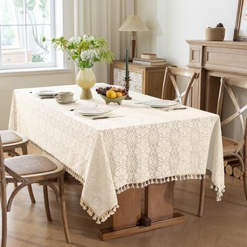Boho Crochet Cotton Lace Tablecloth Rectangle 52 x 70 Inch Beige