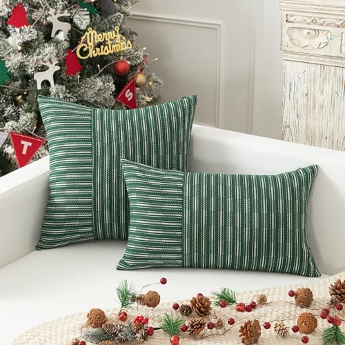 Kevin Textile Dark Green and Beige Farmhouse Striped Patchwork Linen