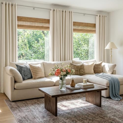 100% Blackout Linen Curtains 84 Inch Long 2 Panels Set, Butter Cream