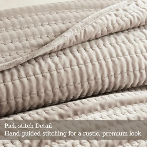WDCOZY Velvet King Size Quilt Set - Beige Striped Pick Stitch Soft