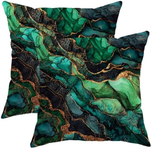 Emerald Green Abstract Throw Pillow Covers Set of 2, Glittering Art