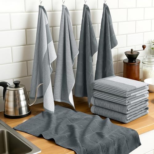 Homaxy 6 Pack Cotton Terry Premium Kitchen Towels, 18 x 28 in, Grey